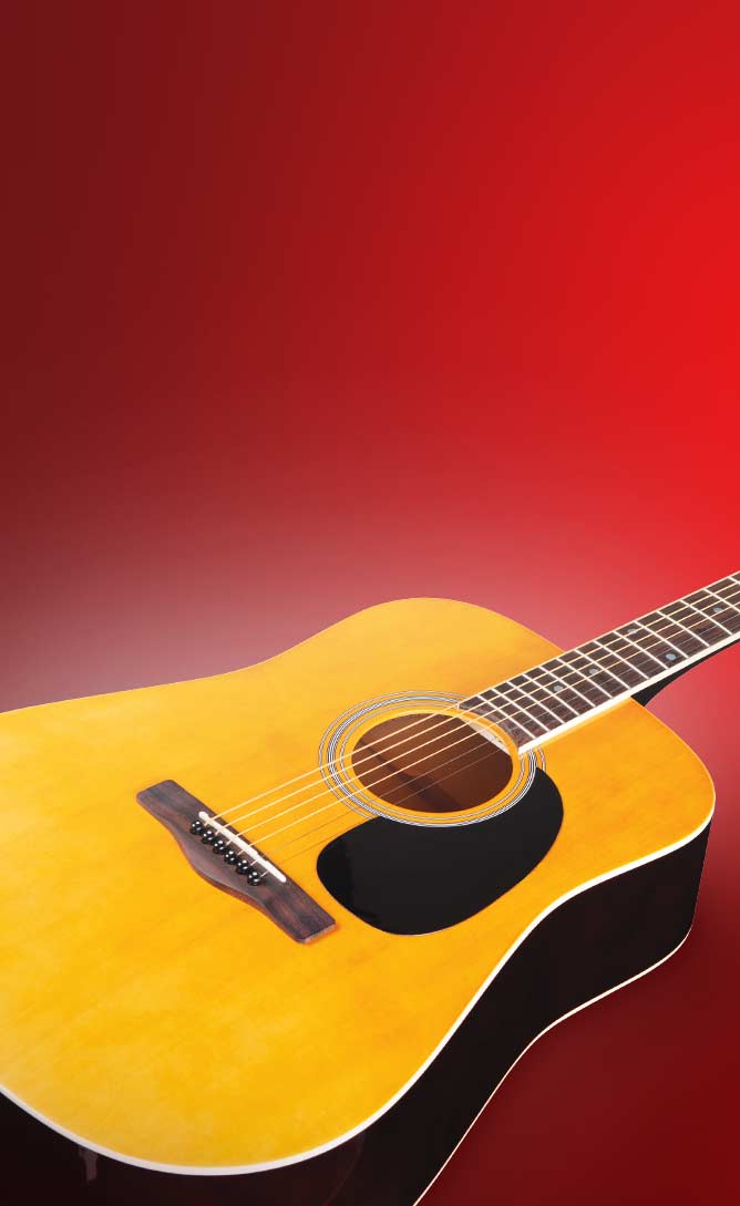 Acoustic tan guitar against a red background
