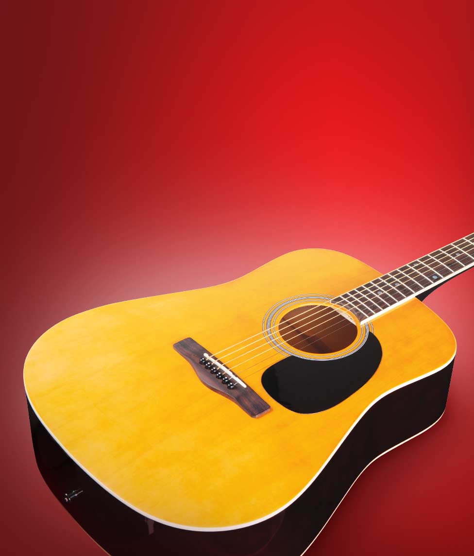 Acoustic tan guitar against a red background
