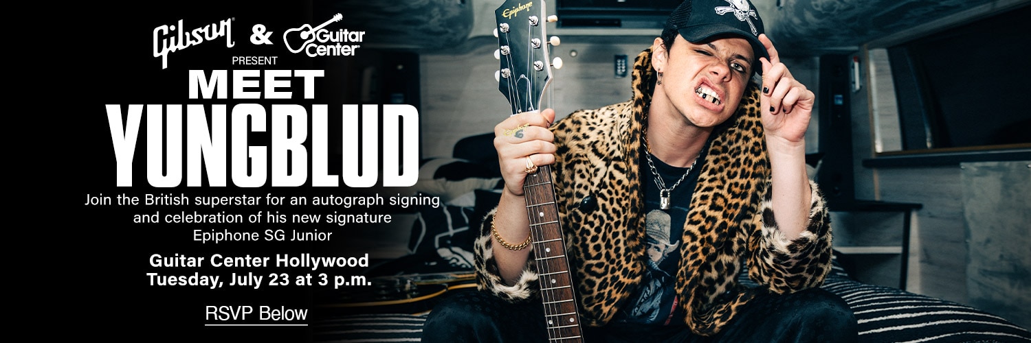 Meet YUNGBLUD. Join the british superstar for an autograph signing and celebration of his new signature epiphone sg junior. Guitar Center Hollywood Tuesday, July 23 ar 3 p.m. RSVP Below.
