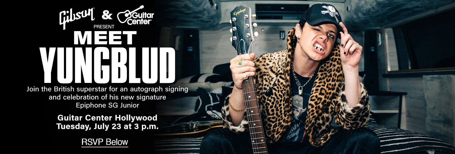 Meet YUNGBLUD. Join the british superstar for an autograph signing and celebration of his new signature epiphone sg junior. Guitar Center Hollywood Tuesday, July 23 ar 3 p.m. RSVP Below.