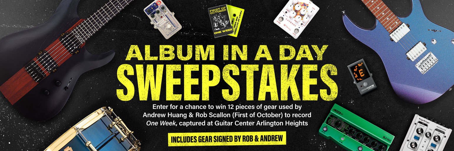 Album in a Day sweepstakes. Enter for a chance win 12 pieces of gear used by Andrew Huang and Rob Scallon, First of October, to record one week, captured at Guitar Center Arlington Heights. Includes gear signed by Rob and Andrew.