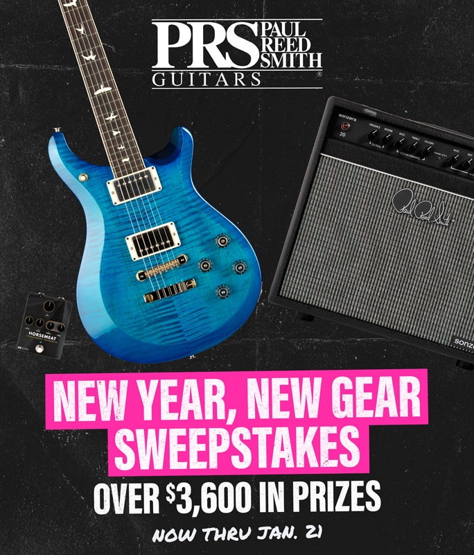 PRS Guitars. New year, new gear sweepstakes. Over 3600 dollars in prizes. Now thru January 21