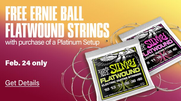 Free Ernie Ball flatwound strings with purchase of a Platinum Setup. Feb. 24 only.